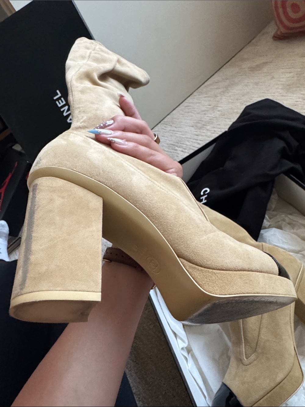 CHANEL Beige Suede Tall Boots with Platform Heel - Picture 10 of 11